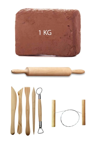 Kahve Çamur Kırmızı Kil Seramik Hamuru 1 kg Ebeşuar Seti Ahşap Merdane Seramik Çamur Kesme Teli