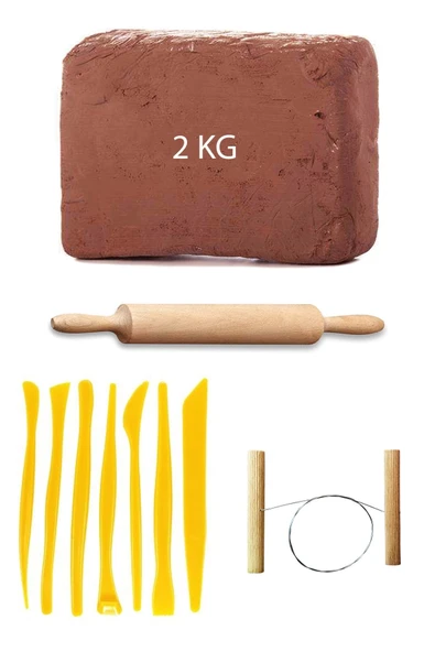 Kahve Çamur Kırmızı Kil Seramik Hamuru 2 kg Plastik Ebeşuar Seti Ahşap Merdane Çamur Kesme Teli