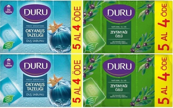 Duru Duş Sabunu Zeytinyağı Özlü 5 x 150 g = 750 gr x 2 Paket + Okyanus Tazeliği 5 x 150 g = 750 gr x 2 Paket