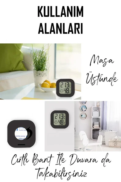 Mini Sıcaklık Nem Ölçer LCD Ekranlı Oda Termometre Duvara Takılabilen Masaüstü Isı Göstergesi Siyah - 4