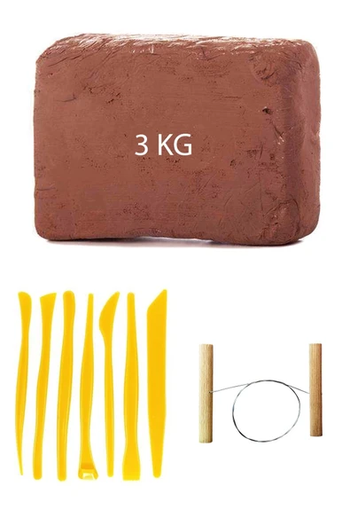 Kahve Çamur Kırmızı Kil Seramik Hamuru 3 kg Plastik Ebeşuar Seti 7 Parça Çamur Kesme Teli