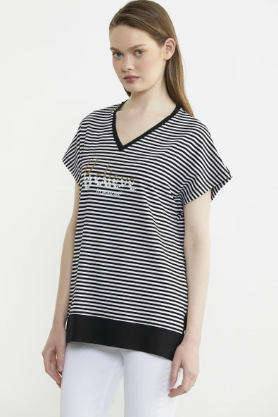 Çizgili V Yaka Payetli Tişört - Siyah - Resim 3