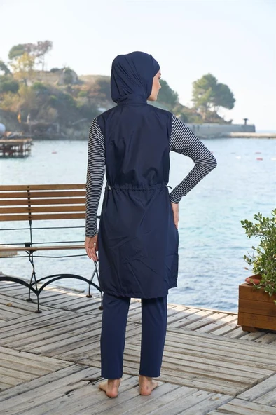 Estiva Çizgili Biyeli Fermuarlı Tam Kapalı Tesettür Mayo - 4