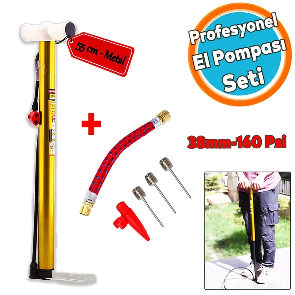 Bisiklet Pompası 6'lı Seti El Tipi Ayak Tutamaklı Metal Borulu Top Lastik Şambrel Şişirme Uçlu