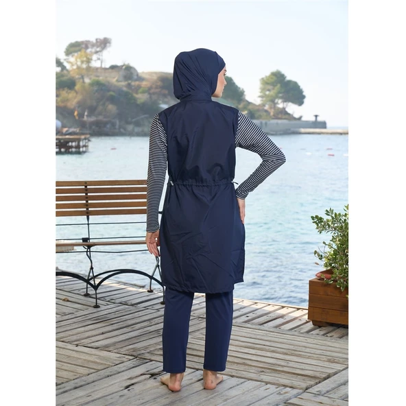 Estiva Çizgili Biyeli Fermuarlı Tam Kapalı Tesettür Mayo - 2