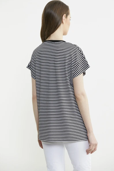 Çizgili V Yaka Payetli Tişört - Siyah - Resim 5