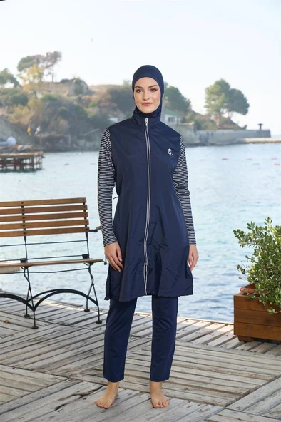 Estiva Çizgili Biyeli Fermuarlı Tam Kapalı Tesettür Mayo - 3