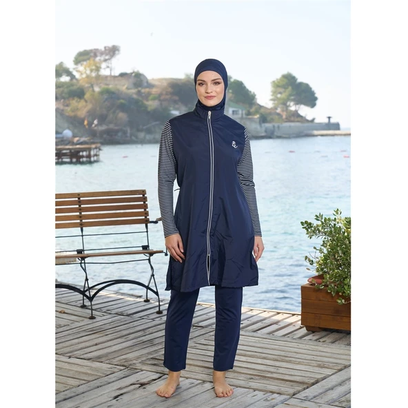 Estiva Çizgili Biyeli Fermuarlı Tam Kapalı Tesettür Mayo