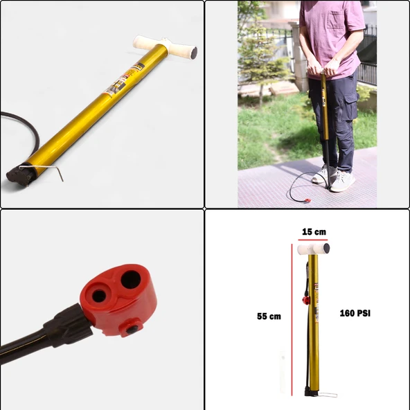 Bisiklet Pompası 55 cm Pratik El Tipi Ayak Tutamaklı Metal Borulu Top Lastik Şambrel Şişirme - 2