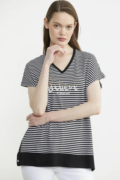 Çizgili V Yaka Payetli Tişört - Siyah ürün görseli 1