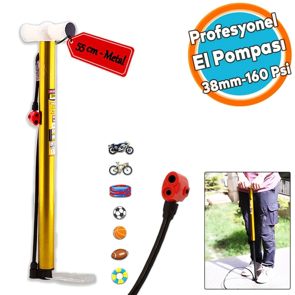 Bisiklet Pompası 55 cm Pratik El Tipi Ayak Tutamaklı Metal Borulu Top Lastik Şambrel Şişirme