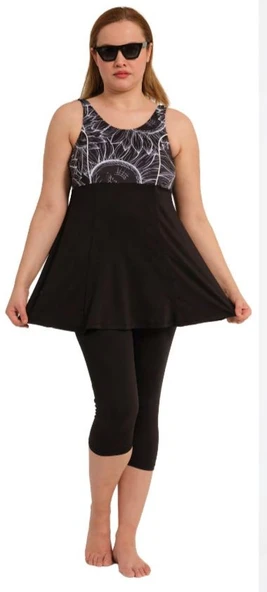 Tesmay 2528 Siyah Askılı Taytlı Büyük Beden Havuz Mayosu - Resim 2