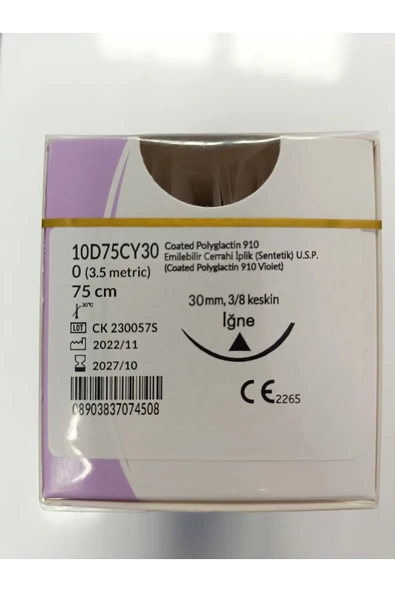 IĞNE&İPLİK Hayvan Medikal Ürünleri Emilebilir Cerrahi Iplik 0 (3.5METRİC) 75 Cm 30mm 3/8 Keskin Iğne