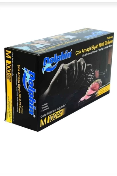 DOLPHİN Pudrasız Nitril Eldiven Çok Amaçlı Siyah Nitril Eldiven M Beden