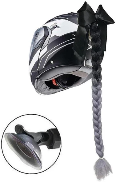 Tex Kask Süsü 5 Motosiklet Bisiklet Ve Kayak Kask Süsü Kalın Örgülü At Kuyruğu Saç Sİyah Gri