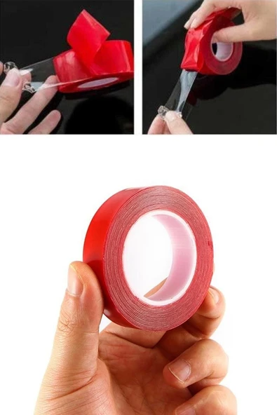 Silikonlu Çift Taraflı Şeffaf Kırmızı Su Geçirmez Güçlü Montaj Bandı 18mm X 2mt 18*2 Silikon Bant - 4