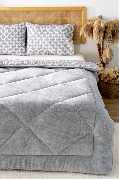 Gri Geometrik  Loura Çift Kişilik Çift Taraflı Lüx Wellsoft Yorgan Seti 195x215 cm