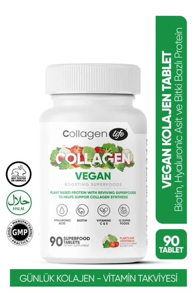 Collagen Life Biotin, Hyaluronıc Acıd ve Bitki Bazlı Protein Tozu ile Vegan Kolajen Desteği 90 Tablet