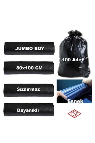 Jumbo Boy Çöp Torbası 100 Adet (10LU 10 PAKET) Rulo Çöp Poşeti 80x110 Cm Dayanıklı