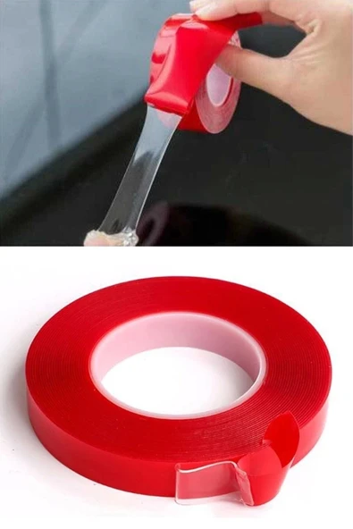 Silikonlu Çift Taraflı Şeffaf Kırmızı Su Geçirmez Güçlü Montaj Bandı 18mm X 2mt 18*2 Silikon Bant - 3