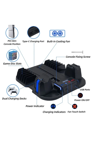 GP-521 PS5 Slim Disk/PS5 Slim Dijital Uyumlu Multifonksiyonel Soğutucu Fan Şarj Stand - 3