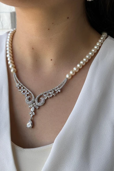 7,5 mm Koç Başı Zirkon Taşlı İnci Kolye - 1