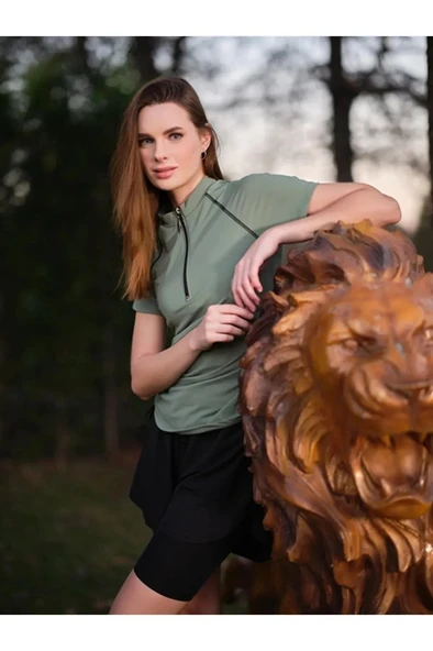 Tesmay 24156 Yeşil Kısa Kol Yarım Fermuarlı Hızlı Kuruyan Kumaş Şortlu Taytlı Yarı Kapalı Mayo - Resim 7