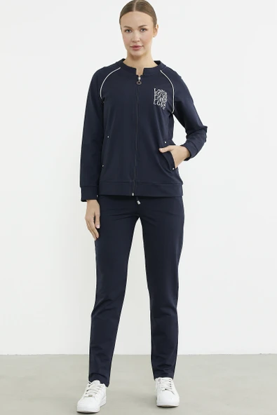 Biye Detaylı Fermuarlı Eşofman Takım - Lacivert