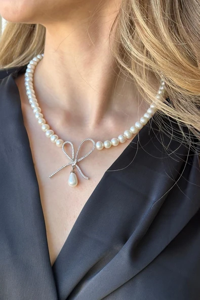 7,5 mm Fiyonklu Damla Sallantılı Doğal İnci Kolye - Resim 3