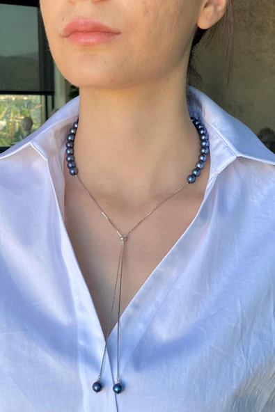 8,5 mm Yarı Doğal İnci Yarı Zincir Asansörlü Kadın Kolye - Resim 6