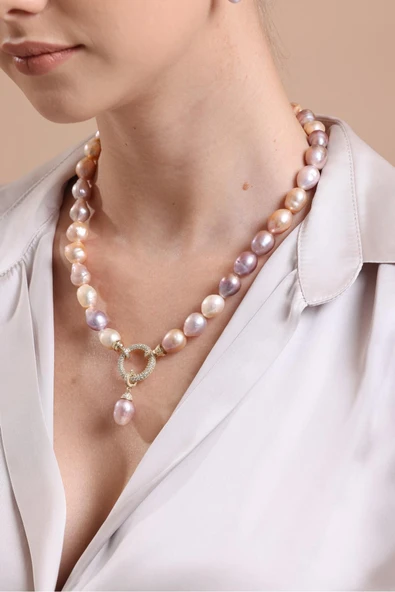 10,5 mm Halka Kilitli Multicolor Doğal Barok İnci Kolye