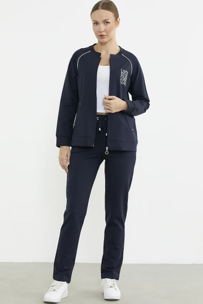 Biye Detaylı Fermuarlı Eşofman Takım - Lacivert - 2