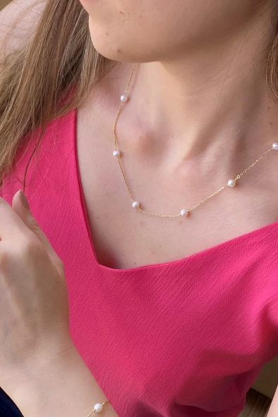 6,5 mm Zincirli Doğal İncili Kolye - Resim 2