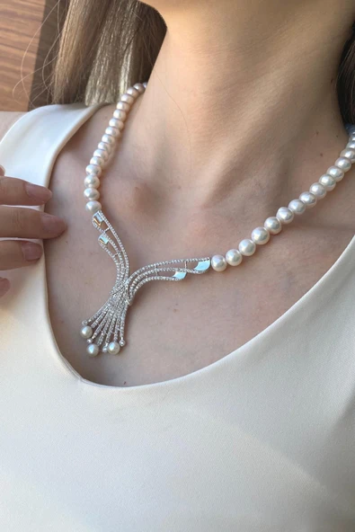 7,5 mm Zirkon Taşlı Doğal İnci Gerdanlık - Resim 4