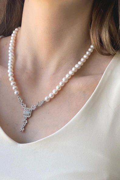 7,5 mm Baget Kesim Doğal İnci Kolye - Resim 4