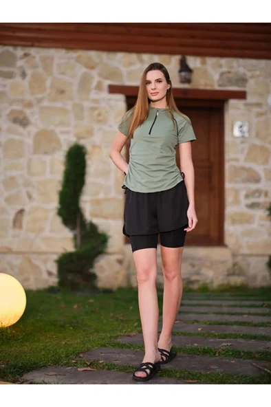 Tesmay 24156 Yeşil Kısa Kol Yarım Fermuarlı Hızlı Kuruyan Kumaş Şortlu Taytlı Yarı Kapalı Mayo - Resim 5