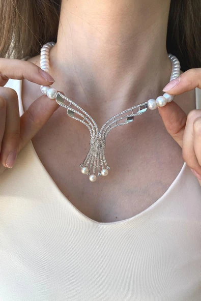 7,5 mm Zirkon Taşlı Doğal İnci Gerdanlık - Resim 6