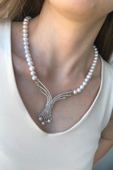 7,5 mm Zirkon Taşlı Doğal İnci Gerdanlık - Resim 5