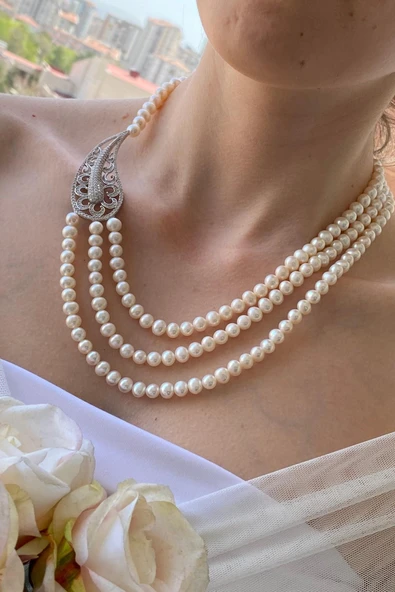 7,5 mm Ara Parçalı Doğal İnci Kadın Kolye ürün görseli 1