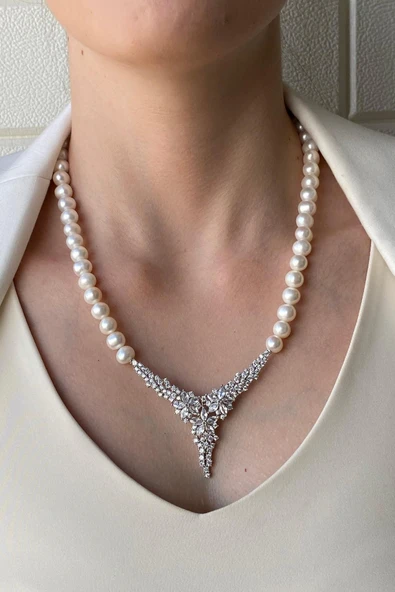 7,5 mm Zirkon Taşlı Doğal İnci Kolye - Resim 4