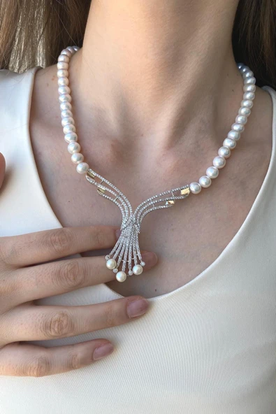 7,5 mm Zirkon Taşlı Doğal İnci Gerdanlık - Resim 3