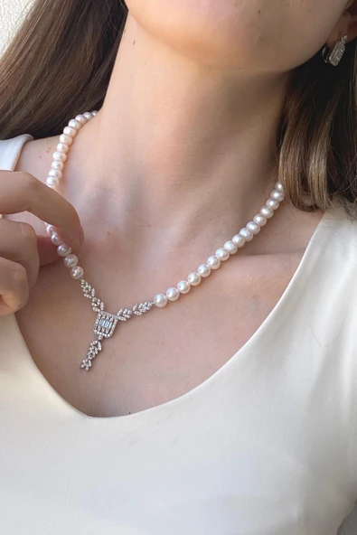 7,5 mm Baget Kesim Doğal İnci Kolye - Resim 3