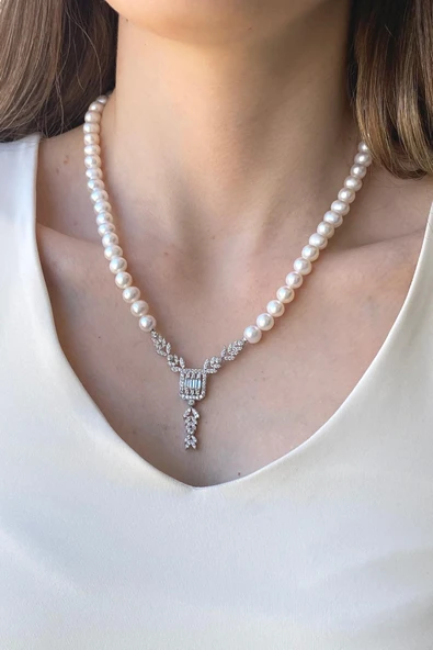 7,5 mm Baget Kesim Doğal İnci Kolye - Resim 5