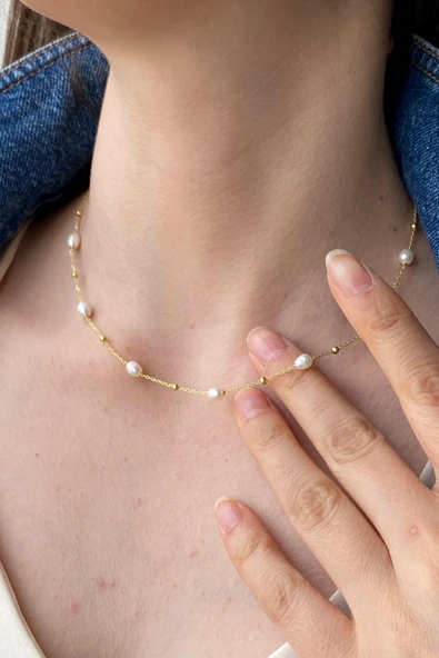 Kadın Dorika Toplu Zincir Doğal İnci Kolye - Resim 2