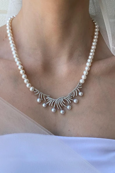 7,5 mm Zirkon Taşlı Doğal İnci Kolye ürün görseli 1