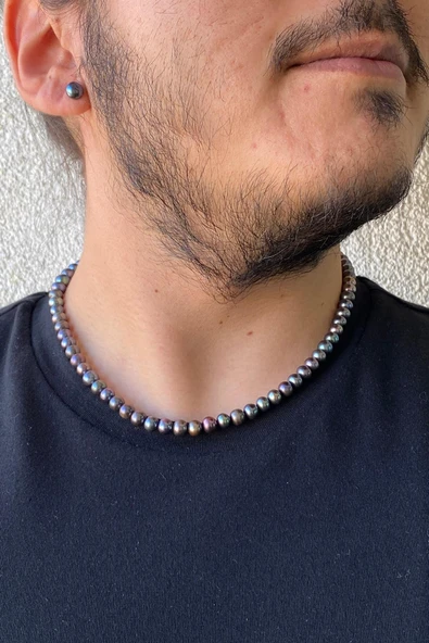 7,5 mm Siyah Doğal İnci Sıralı Erkek Kolye ürün görseli 1
