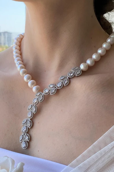 7,5 mm Zirkon Taşlı Doğal İnci Kolye - Resim 4