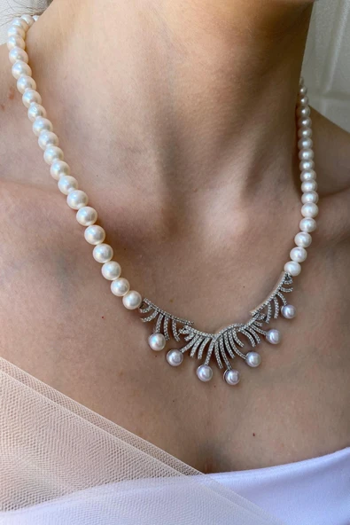 7,5 mm Zirkon Taşlı Doğal İnci Kolye - Resim 2