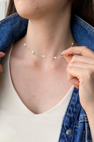 Kadın Dorika Toplu Zincir Doğal İnci Kolye - Resim 3