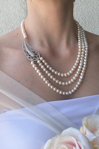 7,5 mm Ara Parçalı Doğal İnci Kadın Kolye - Resim 3